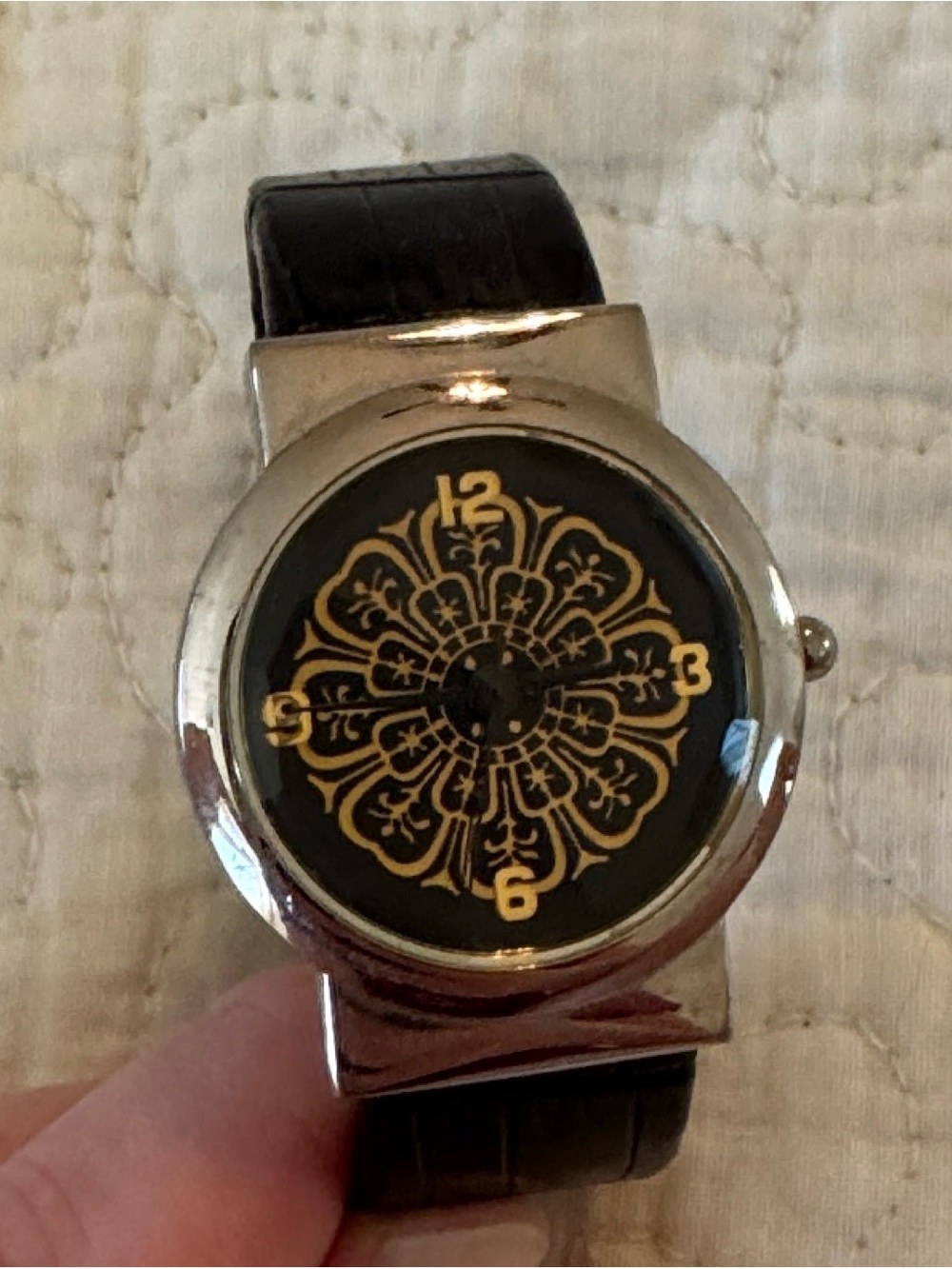 Chicos Black and Silver Decorative Dial black Strap Watch